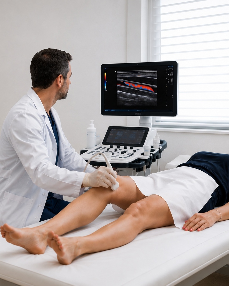 angiologo esegue ecocolordoppler gambe