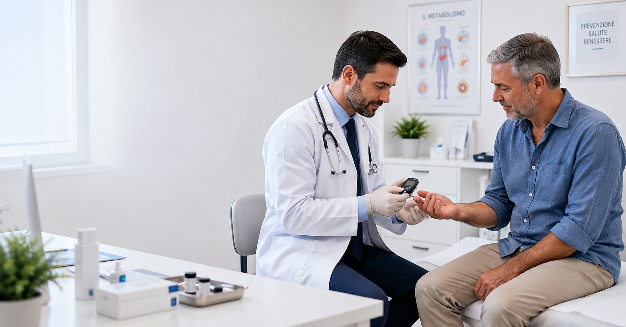 medico effettua test misurazione diabete in visita diabetologica